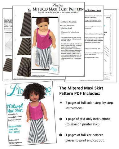 Liberty Jane 18 Inch Modern Mitered Maxi Skirt 18” Doll Clothes Pattern Pixie Faire