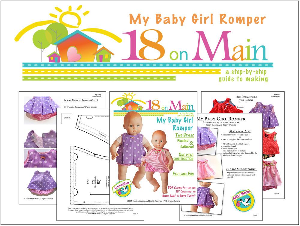18 On Main Bitty Baby/Twin My Baby Girl Romper 15" Baby Doll Clothes Pattern Pixie Faire