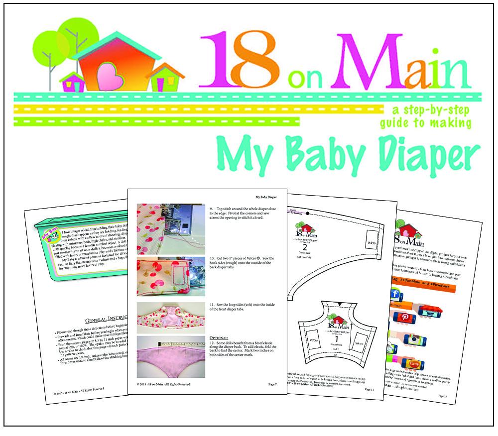 18 On Main Bitty Baby/Twin My Baby Diaper 15" Baby Doll Accessory Pattern Pixie Faire