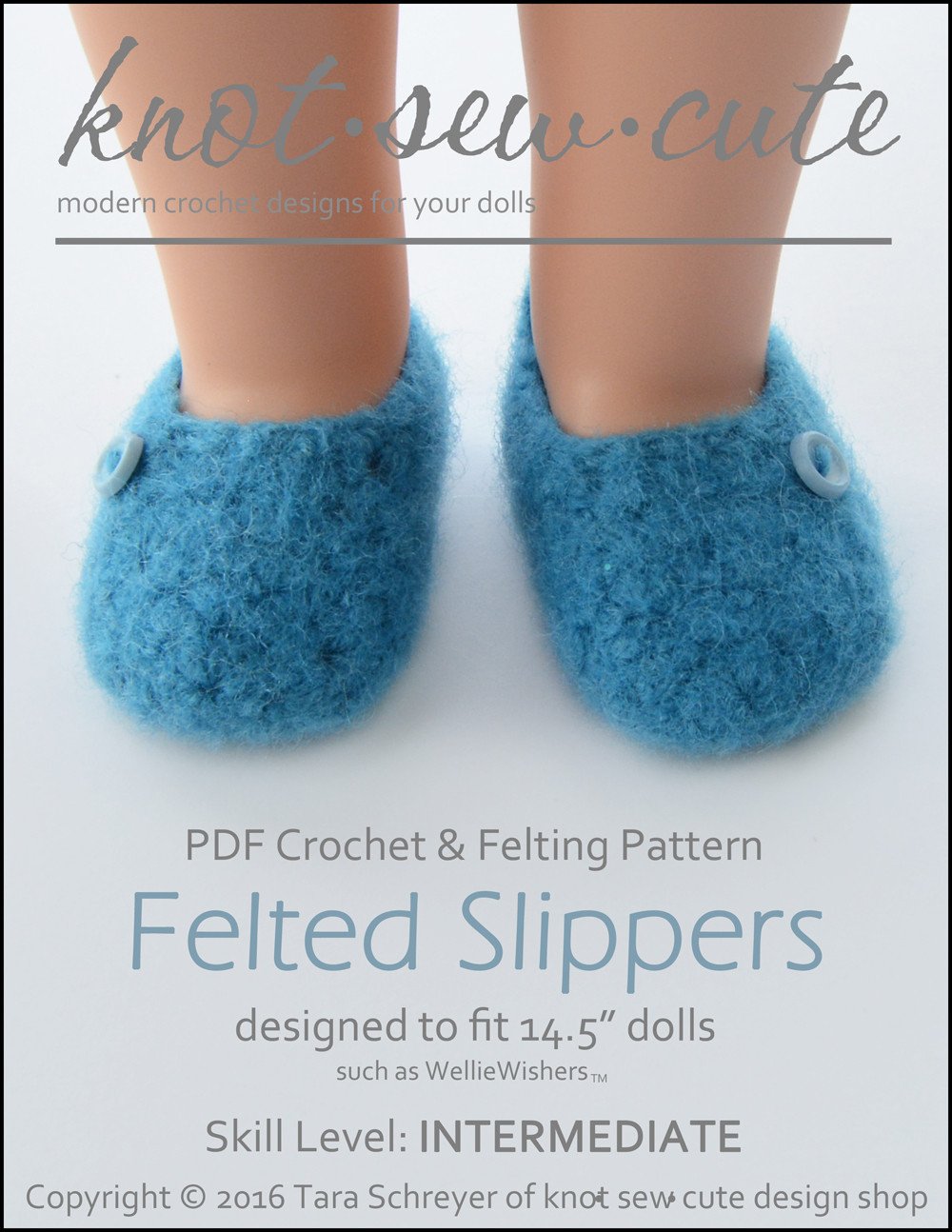 Knot-Sew-Cute WellieWishers Felted Slippers 14.5" Doll Clothes Crochet Pattern Pixie Faire