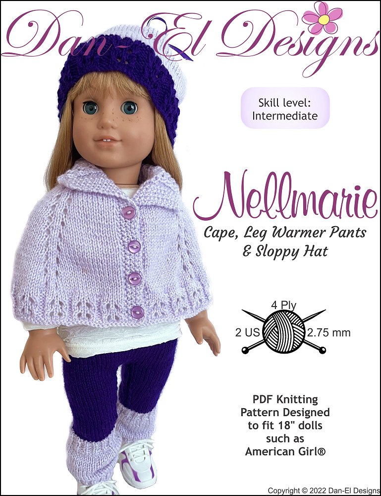 Dan-El Designs Knitting Nellmarie Knitted Outfit 18 inch Doll Clothes Knitting Pattern Pixie Faire