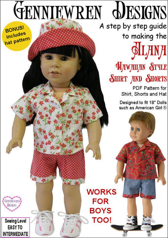 Genniewren 18 Inch Modern Alana - Hawaiian-Style Shirt, Shorts and Hat 18" Doll Clothes Pattern Pixie Faire
