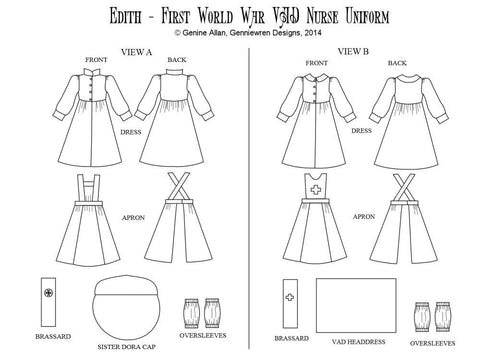 Genniewren 18 Inch Historical Edith  WW1 VAD Nurse Uniform 18" Doll Clothes Pattern Pixie Faire