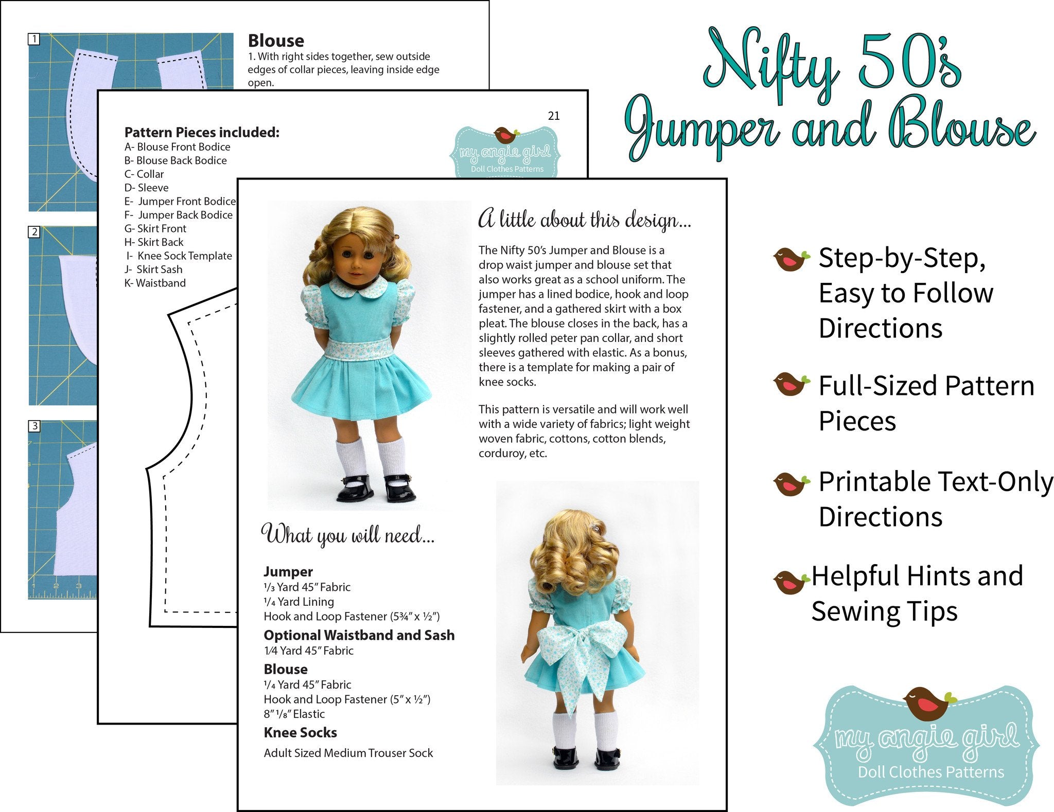 My Angie Girl 18 Inch Historical Nifty 50's Jumper and Blouse 18" Doll Clothes Pixie Faire