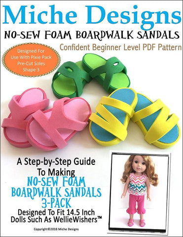 Miche Designs WellieWishers No-Sew Boardwalk Sandals 14.5" Doll Clothes Pattern Pixie Faire