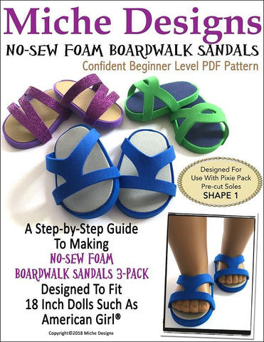 Miche Designs Shoes No-Sew Foam Boardwalk Sandals 18" Doll Shoe Pattern Pixie Faire