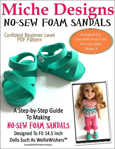 Miche Designs WellieWishers No-Sew Foam Sandals 14.5" Doll Shoe Pattern Pixie Faire