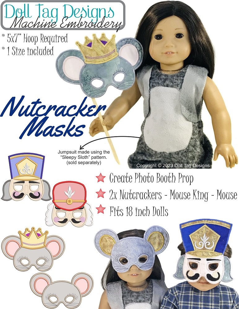 Doll Tag Clothing Machine Embroidery Design Nutcracker Masks For 18-inch Dolls Machine Embroidery Designs Pixie Faire