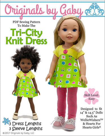 Originals by Gaby WellieWishers Tri-City Knit Dress 14-14.5" Doll Clothes Pattern Pixie Faire