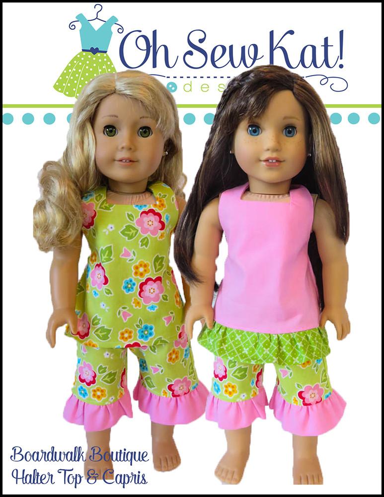 Oh Sew Kat 18 Inch Modern Boardwalk Boutique Halter Top & Capris 18" Doll Clothes Pattern Pixie Faire