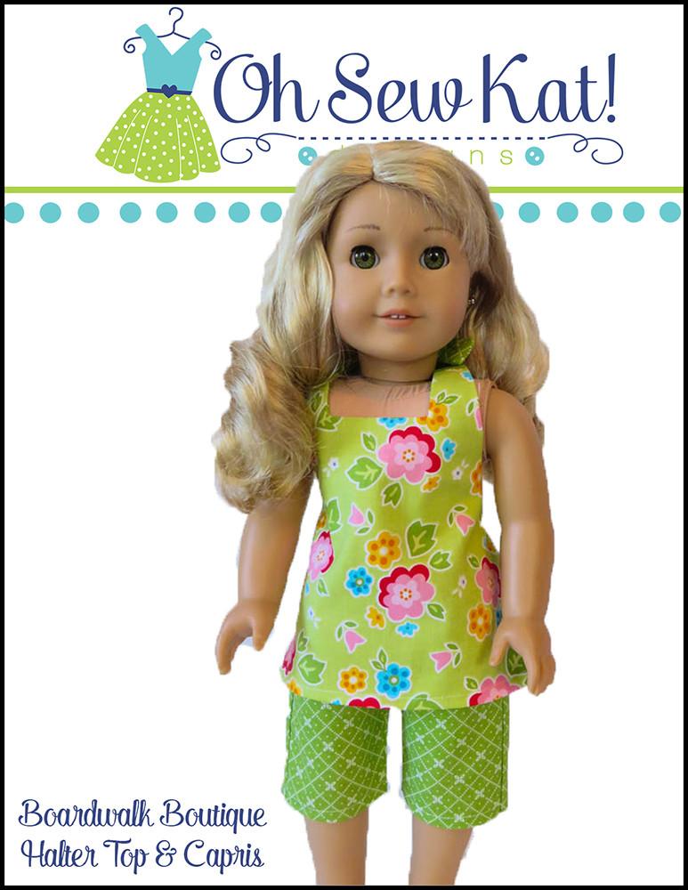 Oh Sew Kat 18 Inch Modern Boardwalk Boutique Halter Top & Capris 18" Doll Clothes Pattern Pixie Faire