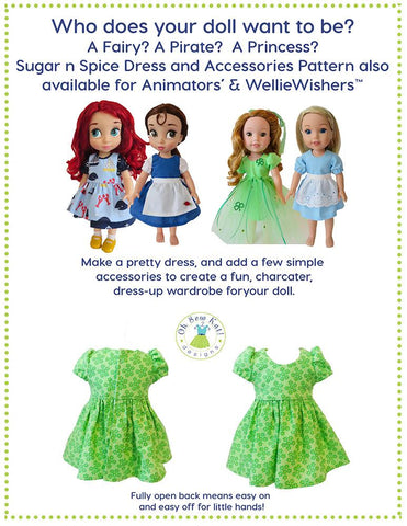 Oh Sew Kat 18 Inch Modern Sugar n Spice & Everything Nice Dress & Pinafore with Dress Up Accessories 18" Doll Clothes Pattern Pixie Faire