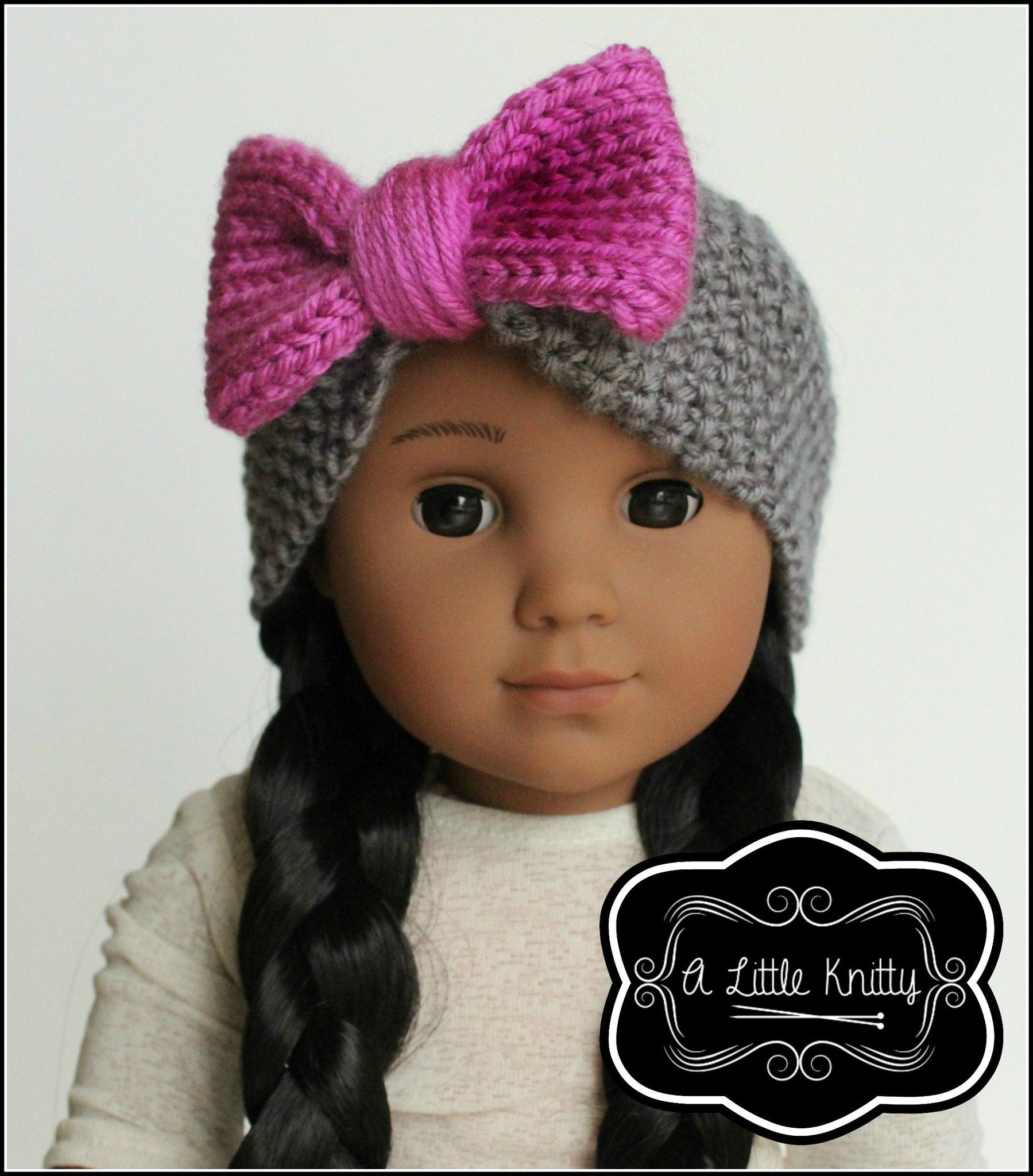 A Little Knitty Knitting Olivia Earwarmer with Bow Knitting Pattern for Girls and 18 inch Dolls Pixie Faire