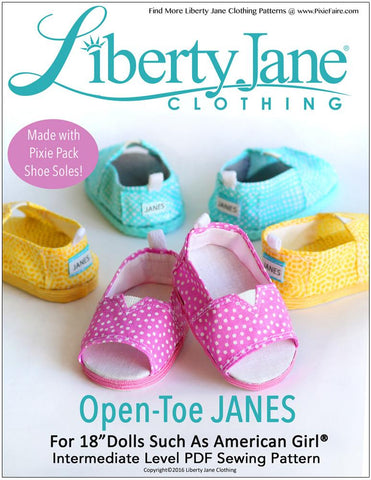 Liberty Jane Shoes Open-Toe JANES 18" Doll Shoe Pattern Pixie Faire