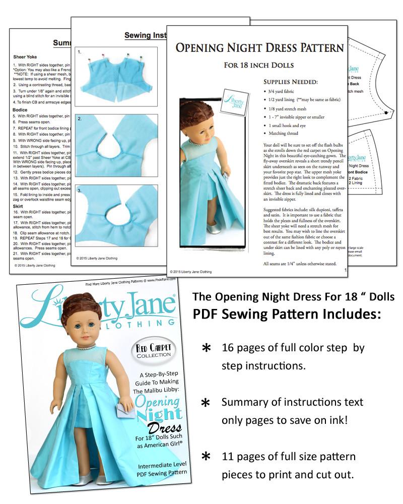 Liberty Jane 18 Inch Modern Opening Night Dress 18" Doll Clothes Pattern Pixie Faire