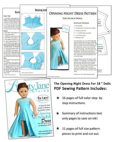 Liberty Jane 18 Inch Modern Opening Night Dress 18" Doll Clothes Pattern Pixie Faire