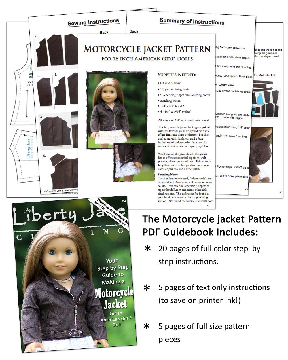 Liberty Jane 18 Inch Modern Motorcycle Jacket 18" Doll Clothes Pattern Pixie Faire
