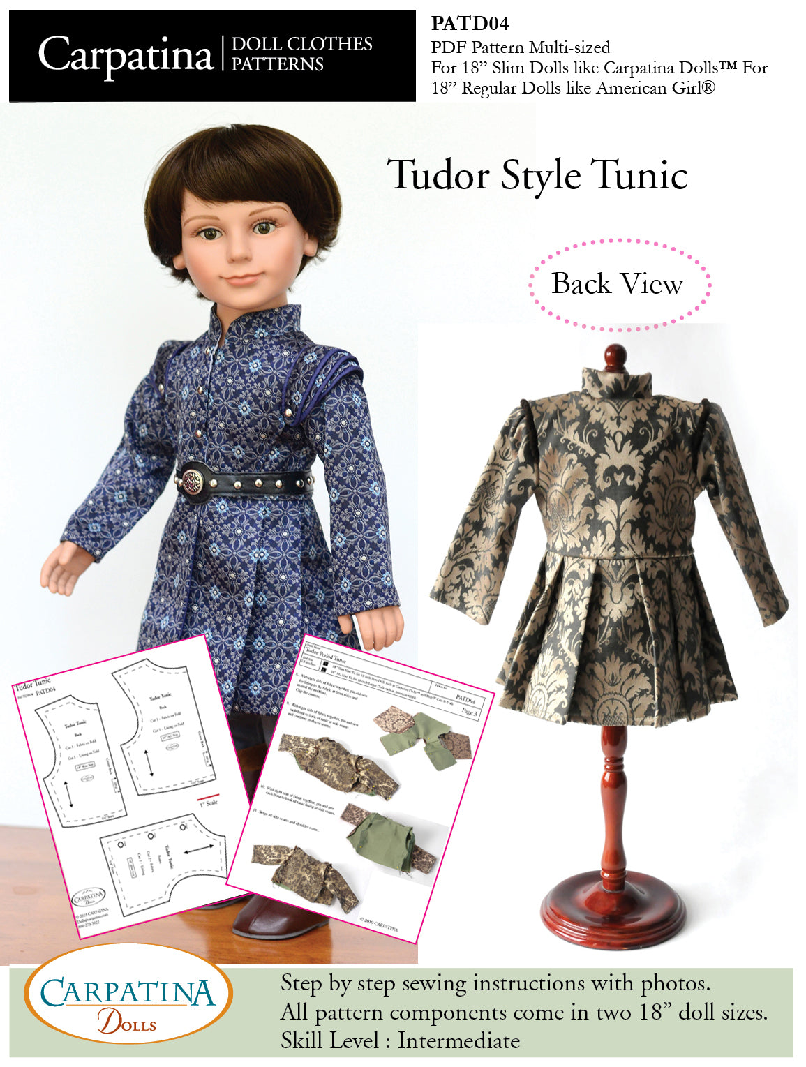 Carpatina Dolls 18 Inch Boy Doll Tudor Style Tunic Multi-sized Pattern for Regular and Slim 18" Boy Dolls Pixie Faire