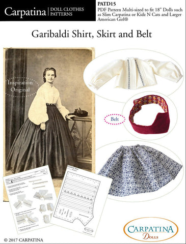 Carpatina Dolls 18 Inch Historical Garibaldi Shirt, Skirt and Belt Multi-sized Pattern for Regular and Slim 18" Dolls Pixie Faire