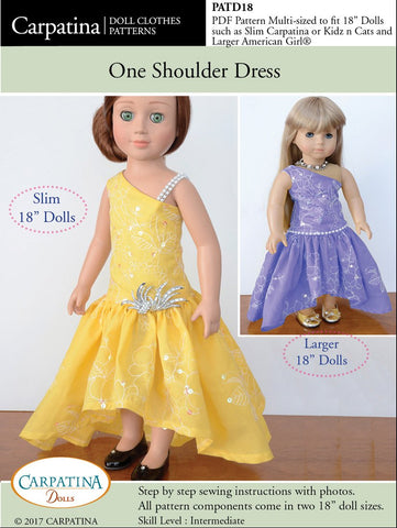 Carpatina Dolls 18 Inch Historical One Shoulder Dress Multi-sized Pattern for Regular and Slim 18" Dolls Pixie Faire