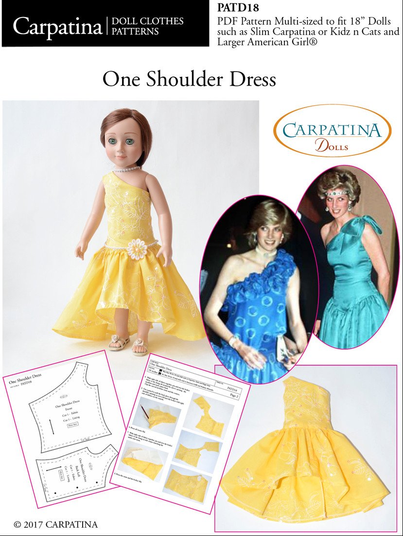 Carpatina Dolls 18 Inch Historical One Shoulder Dress Multi-sized Pattern for Regular and Slim 18" Dolls Pixie Faire