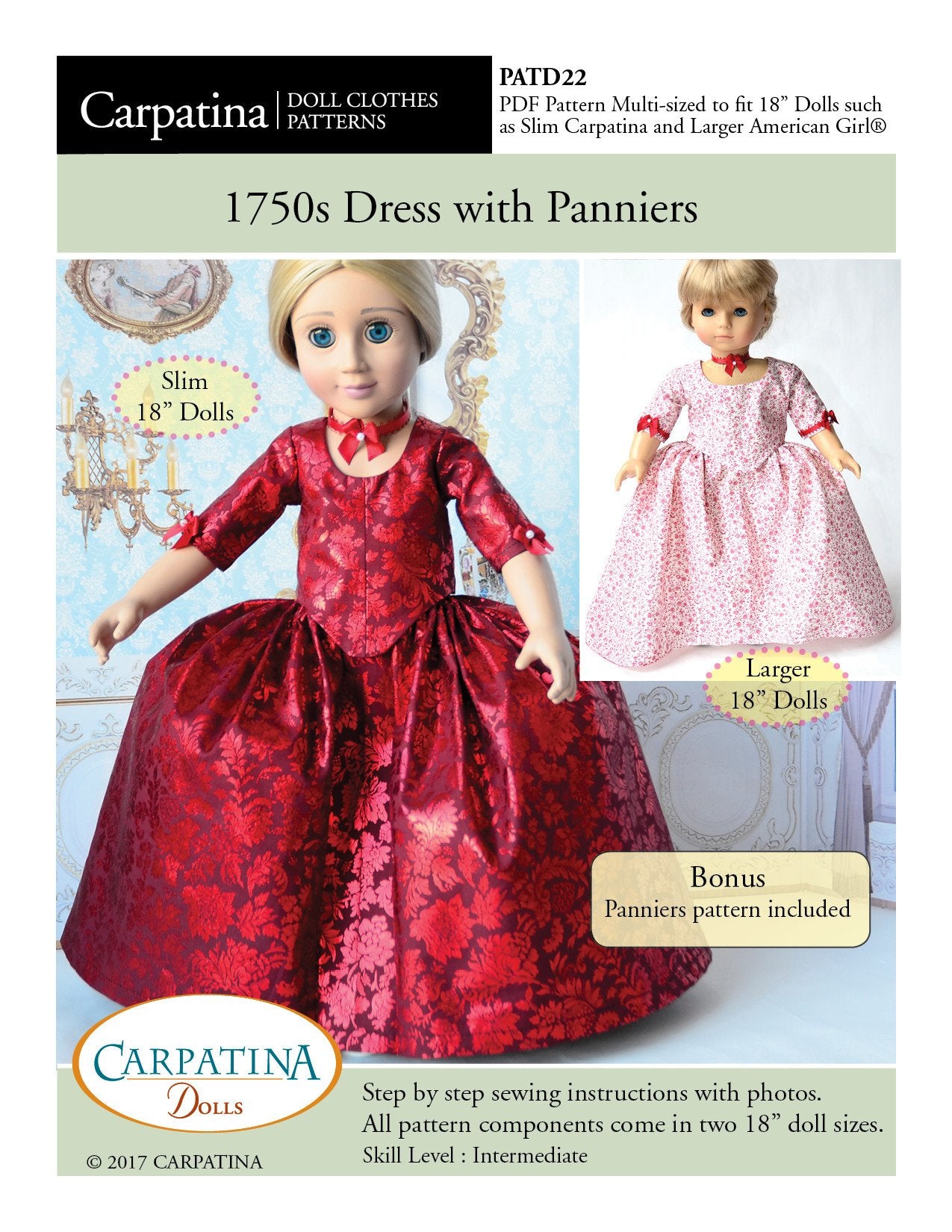 Carpatina 1750's Dress with Panniers 18 inch Doll Clothes Pattern Carpatina 1750's Dress with Panniers 18 inch Doll Clothes Pattern