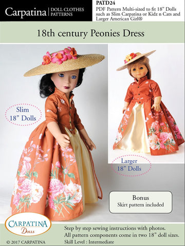 Carpatina Dolls 18 Inch Historical 18th Century Peonies Dress Multi-sized Pattern for Regular and Slim 18" Dolls Pixie Faire
