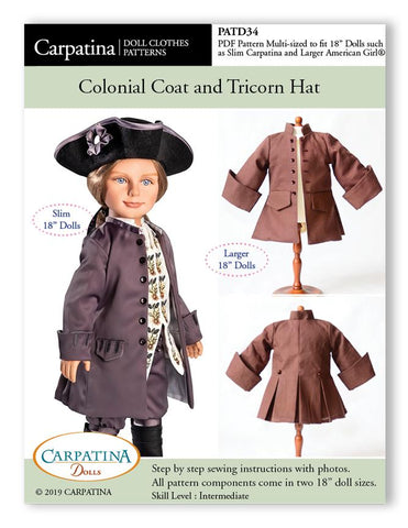 Carpatina Dolls 18 Inch Boy Doll Colonial Coat and Tricorn Hat Multi-sized Pattern for Regular and Slim 18" Boy Dolls Pixie Faire