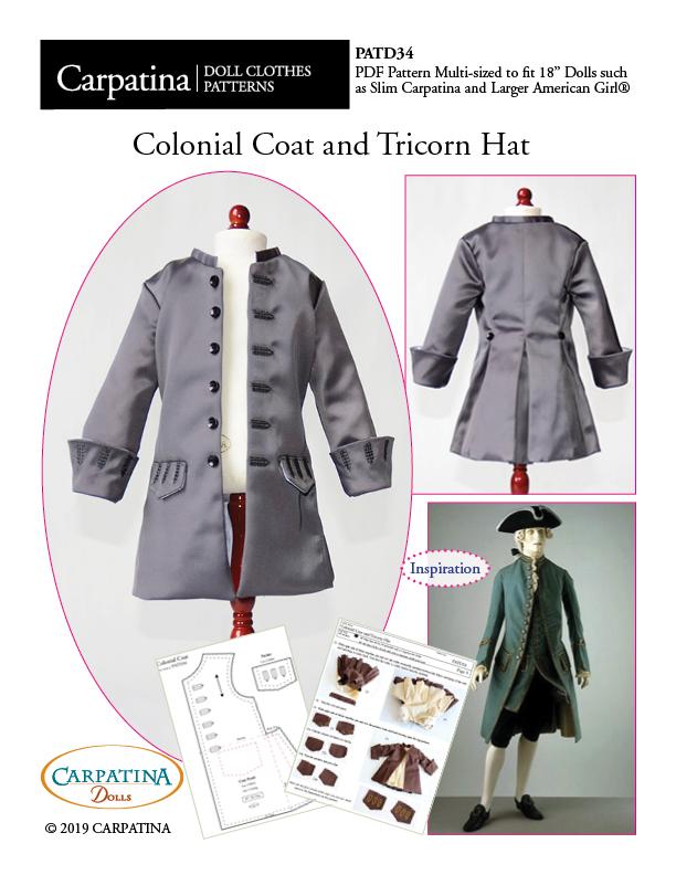 Carpatina Dolls 18 Inch Boy Doll Colonial Coat and Tricorn Hat Multi-sized Pattern for Regular and Slim 18" Boy Dolls Pixie Faire