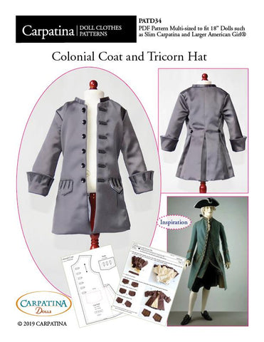 Carpatina Dolls 18 Inch Boy Doll Colonial Coat and Tricorn Hat Multi-sized Pattern for Regular and Slim 18" Boy Dolls Pixie Faire