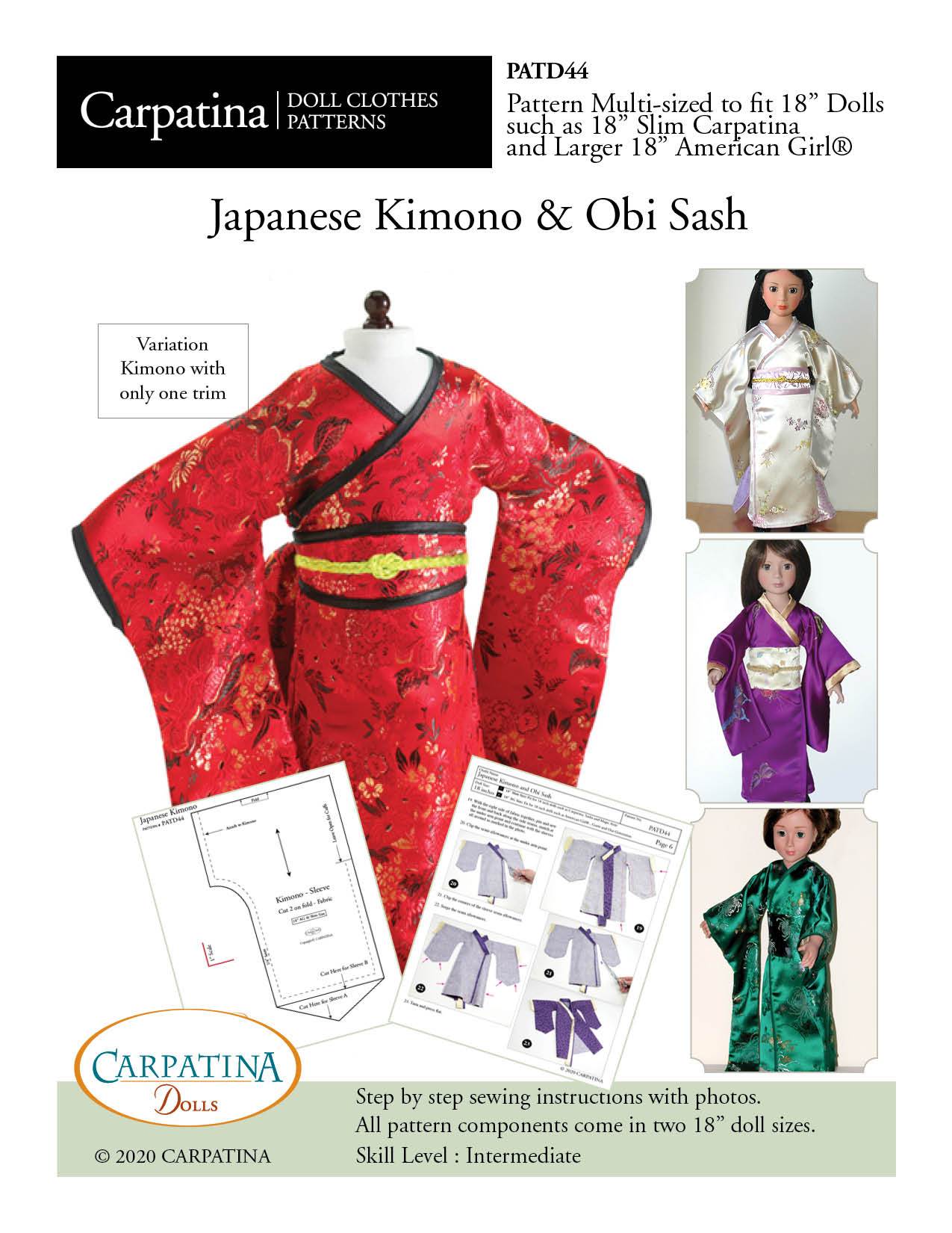 Carpatina Dolls 18 Inch Modern Japanese Kimono and Obi Sash Multi-sized Pattern for Regular and Slim 18" Dolls Pixie Faire