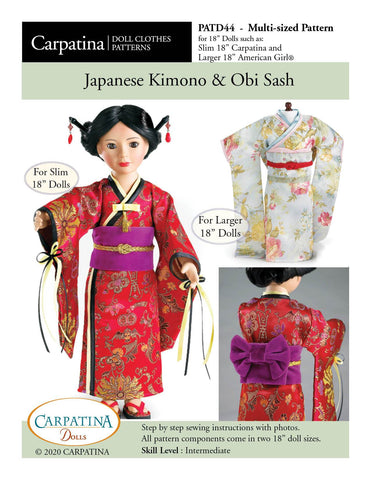 Carpatina Dolls 18 Inch Modern Japanese Kimono and Obi Sash Multi-sized Pattern for Regular and Slim 18" Dolls Pixie Faire