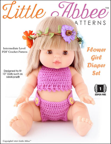 Little Abbee MiniKane Flower Girl Diaper Set Crochet Pattern for 13" MiniKane Baby Dolls Pixie Faire