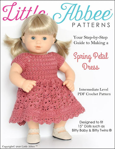 Little Abbee Bitty Baby/Twin Spring Petal Dress 15" Baby Doll Crochet Pattern Pixie Faire