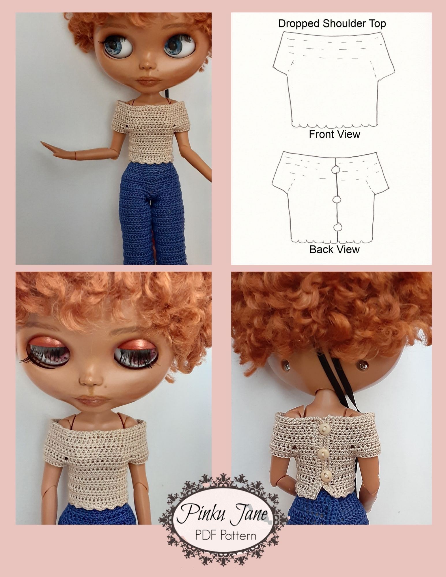 Pinku Jane Blythe/Pullip Dropped Shoulder Top Crochet Pattern For 12" Blythe Dolls Pixie Faire