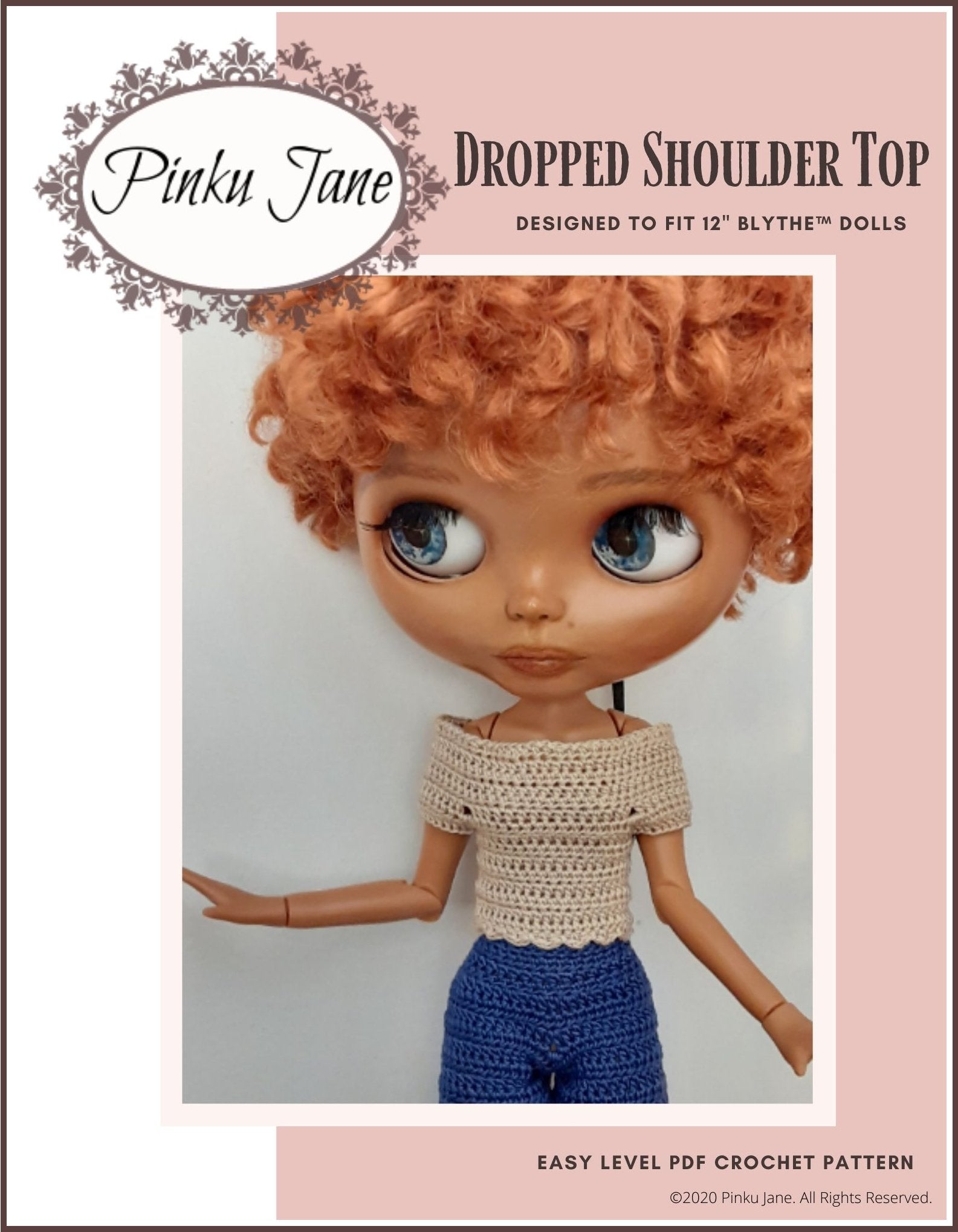 Pinku Jane Blythe/Pullip Dropped Shoulder Top Crochet Pattern For 12" Blythe Dolls Pixie Faire