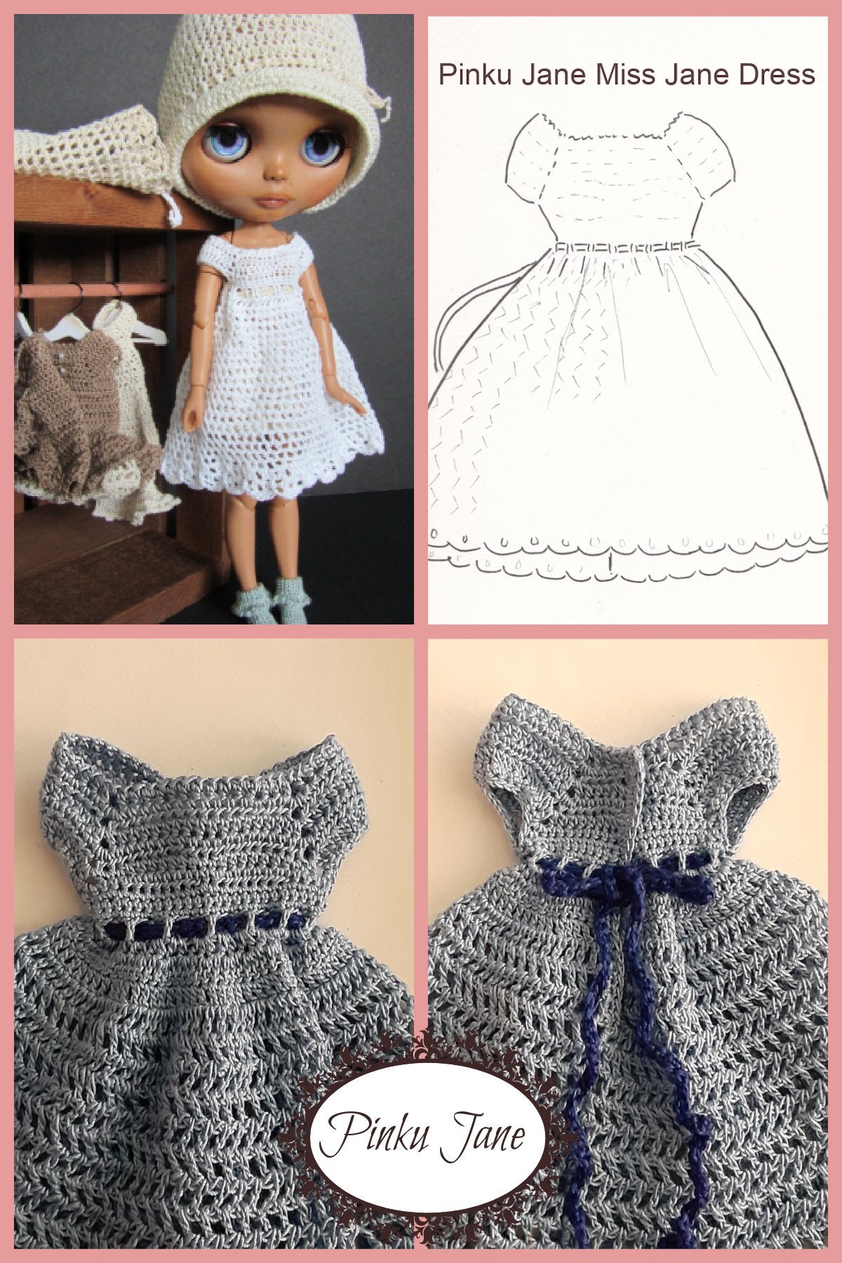 Pinku Jane Blythe/Pullip Miss Jane Dress Crochet Pattern For 12" Blythe Dolls Pixie Faire