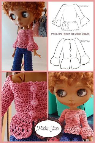 Pinku Jane Blythe/Pullip Peplum Top w Bell Sleeves Crochet Pattern For 12" Blythe Dolls Pixie Faire
