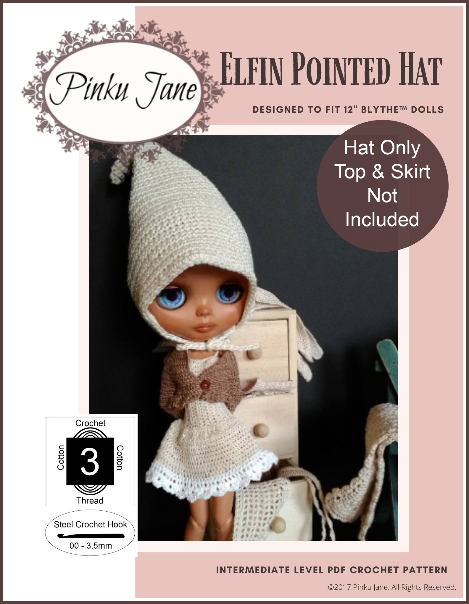 Pinku Jane Elfin Pointed Hat Doll Clothes Crochet Pattern For 12 Blythe™  Dolls