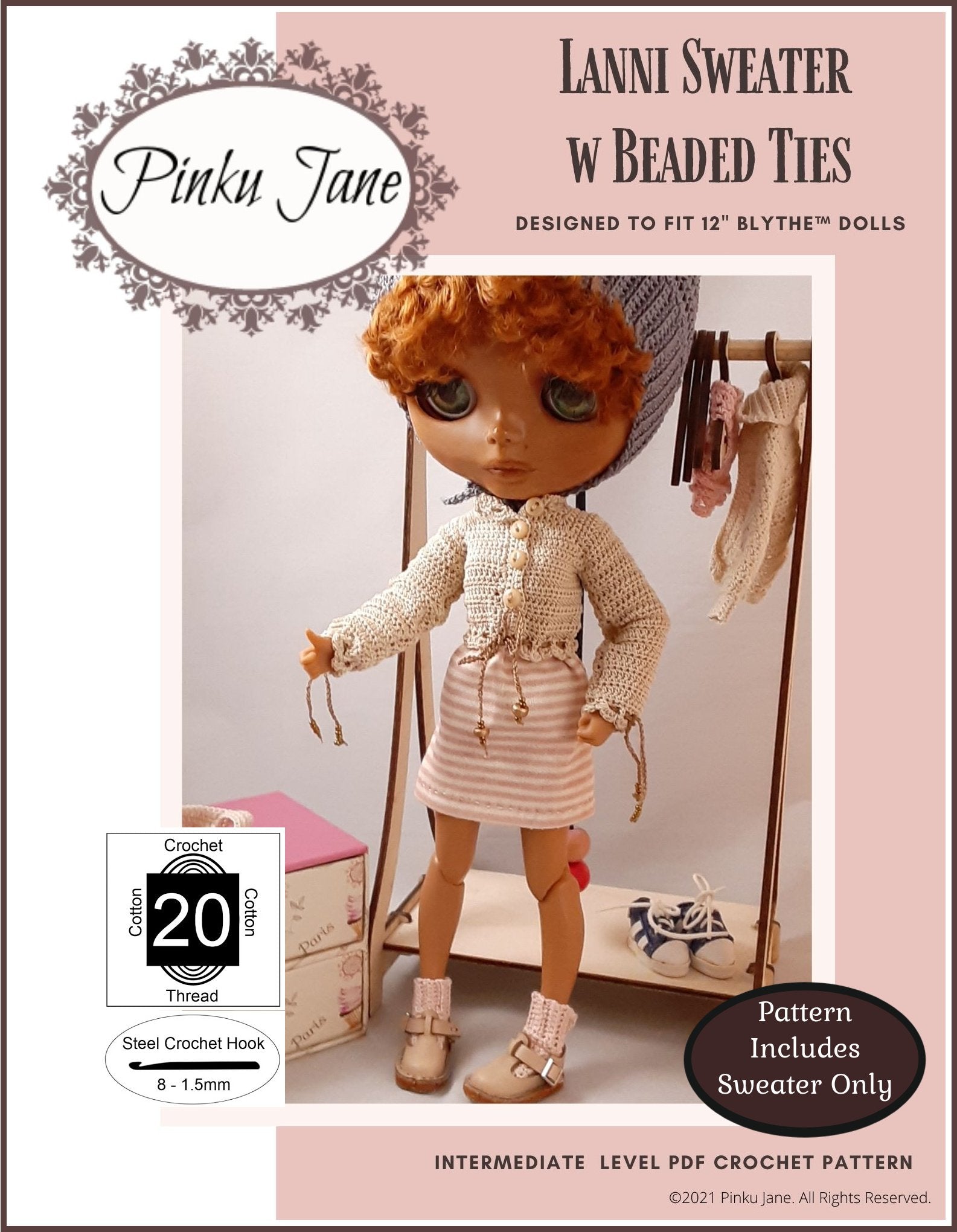 Pinku Jane Blythe/Pullip Lanni Sweater w/ Beaded Ties Crochet Pattern For 12" Blythe Dolls Pixie Faire