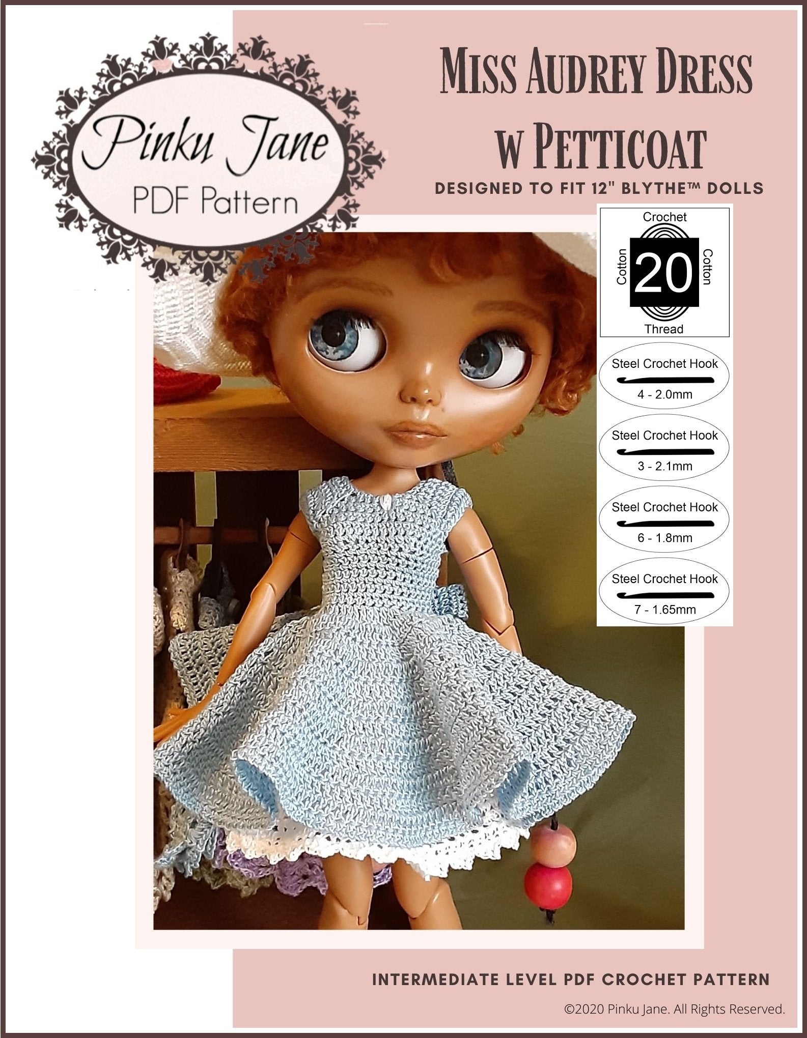 Pinku Jane Blythe/Pullip Miss Audrey Dress and Petticoat Crochet Pattern For 12" Blythe Dolls Pixie Faire