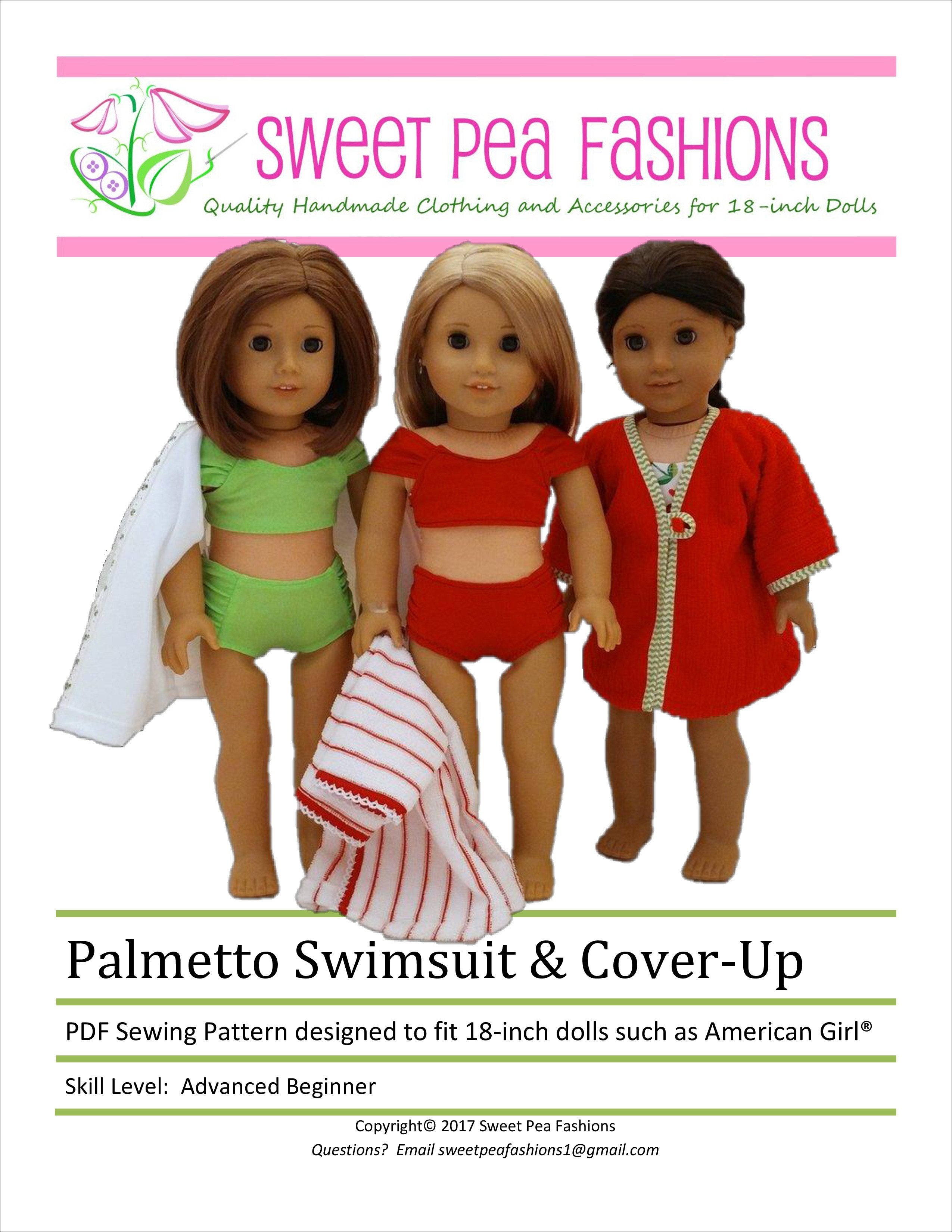 Sweet Pea Fashions 18 Inch Modern Palmetto Swimsuit & Cover-up 18" Doll Clothes Pattern Pixie Faire