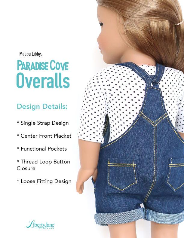 Liberty Jane 18 Inch Modern Paradise Cove Overalls 18" Doll Clothes Pattern Pixie Faire