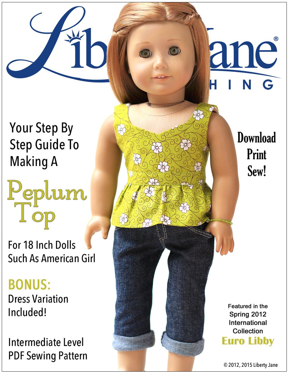 Liberty Jane 18 Inch Modern Peplum Top 18" Doll Clothes Pattern Pixie Faire