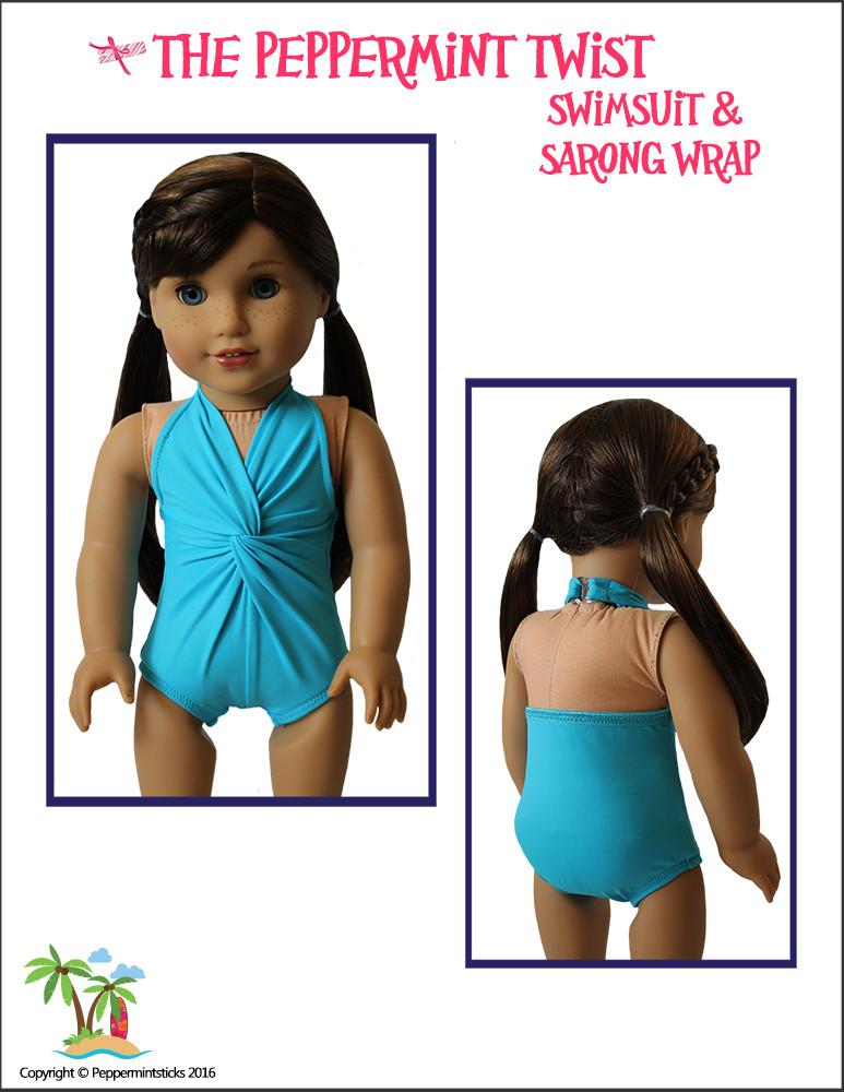Peppermintsticks 18 Inch Modern The Peppermint Twist Swimsuit & Sarong Wrap 18" Doll Clothes Pixie Faire