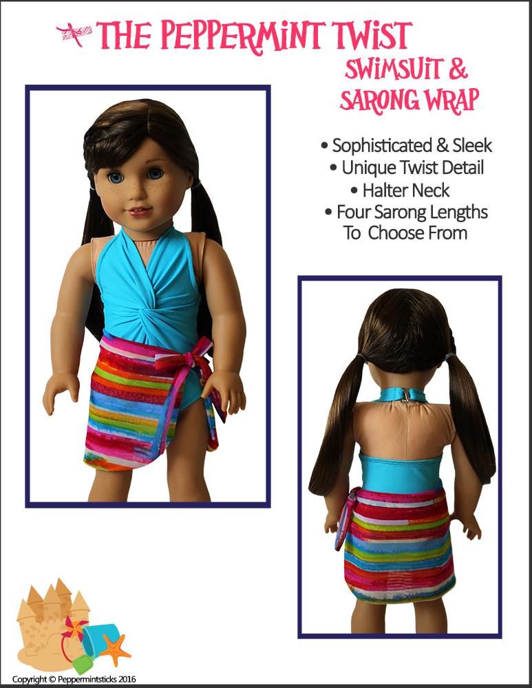 Peppermintsticks 18 Inch Modern The Peppermint Twist Swimsuit & Sarong Wrap 18" Doll Clothes Pixie Faire