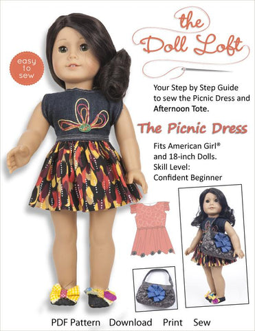 The Doll Loft 18 Inch Modern PIcnic Dress and Afternoon Tote 18" Doll Clothes Pattern Pixie Faire