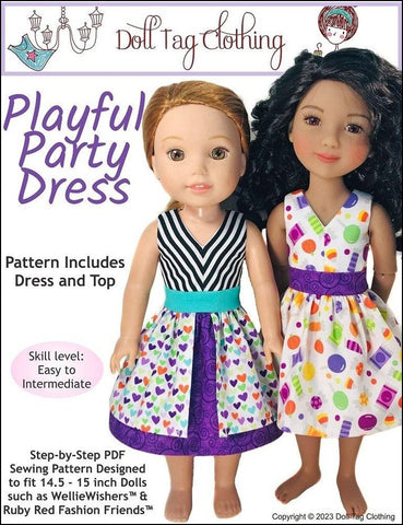 Doll Tag Clothing Ruby Red Fashion Friends Playful Party Dress Pattern 14.5-15" Doll Clothes Pattern Pixie Faire