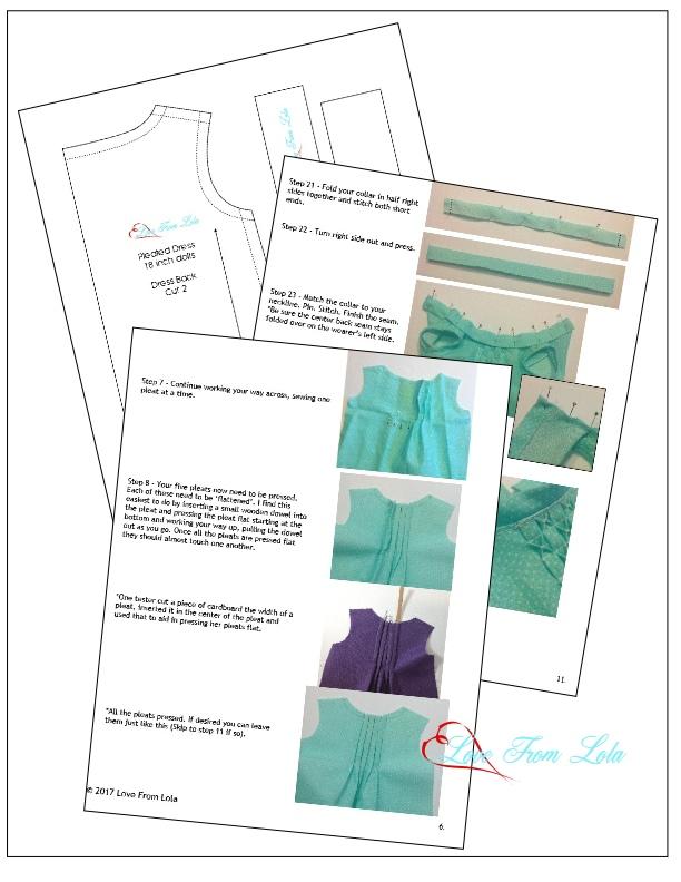 Love From Lola 18 Inch Modern Pleated Dress 18" Doll Clothes Pattern Pixie Faire