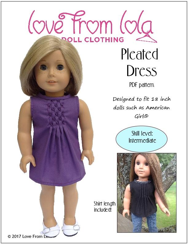 Love From Lola 18 Inch Modern Pleated Dress 18" Doll Clothes Pattern Pixie Faire